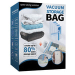 Retail box for vacuum storage bags showing folded bedding and a stack of clear bags