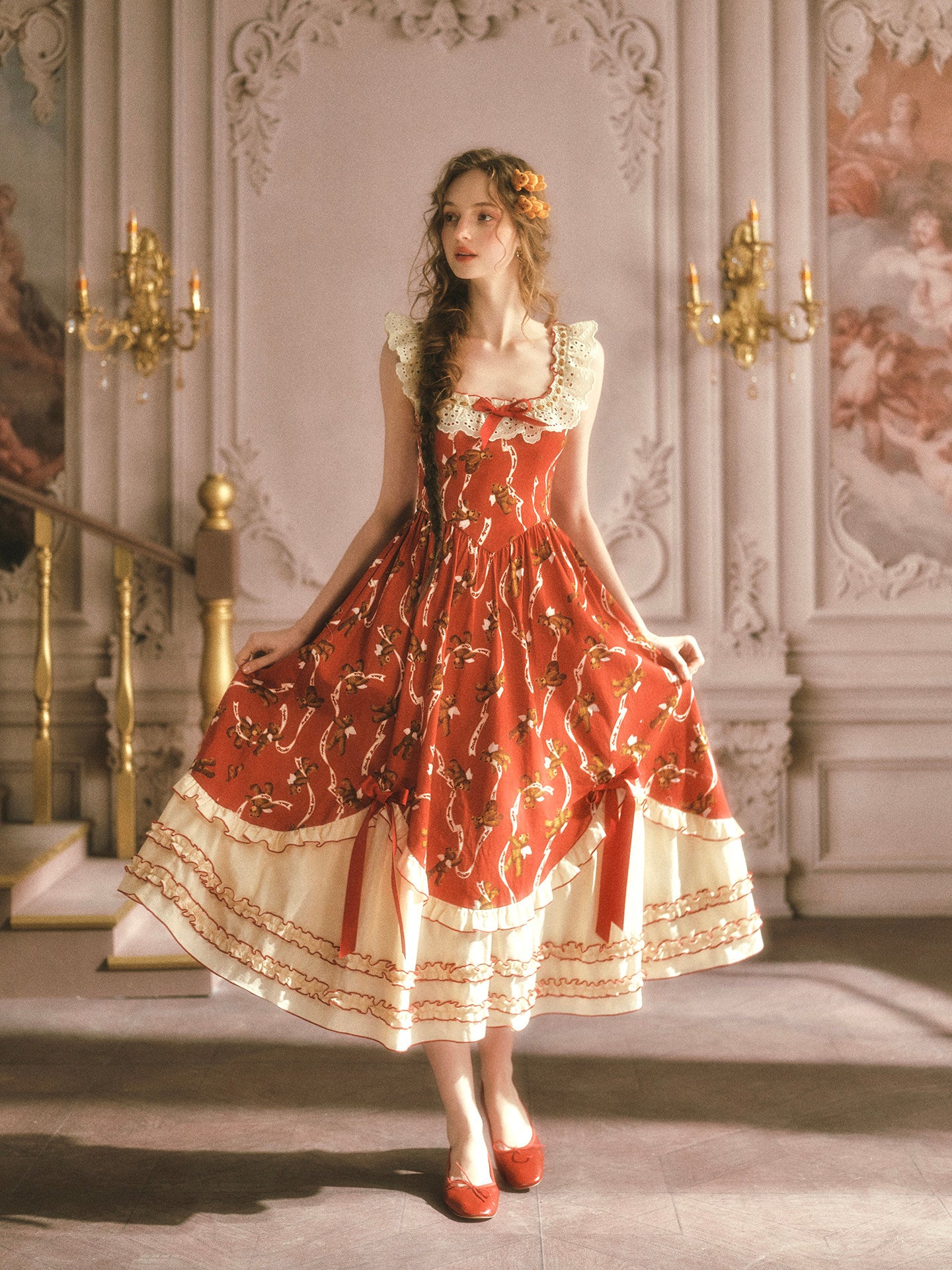 French Country Square Neck Cotton Dress | scale reference next to a hand
