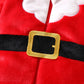 Close up of the black belt with gold buckle and front zipper on the red fleece Santa baby jumpsuit