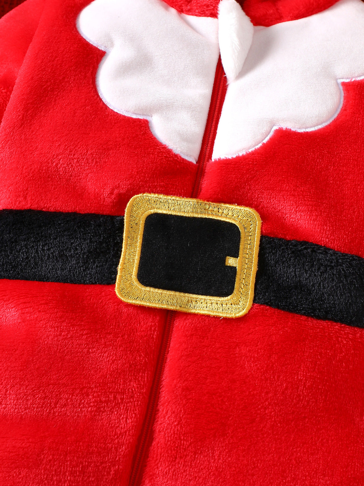 Close up of the black belt with gold buckle and front zipper on the red fleece Santa baby jumpsuit