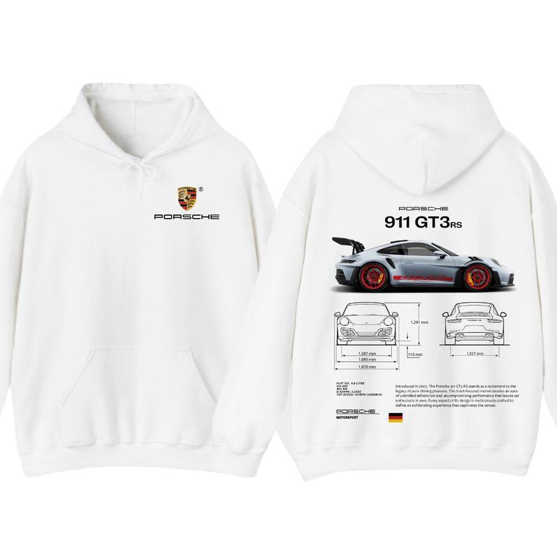 White cotton hoodie, front and back, with crest and PORSCHE wordmark on the chest and 911 GT3 RS back print