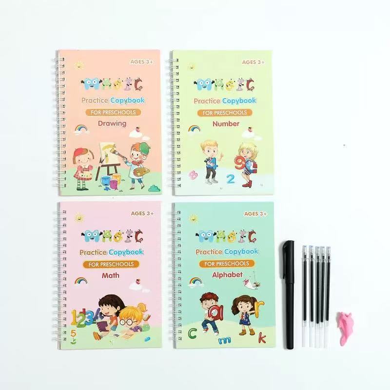 Four grooved magic practice copybooks for preschools with a pen, refills and a fish grip trainer