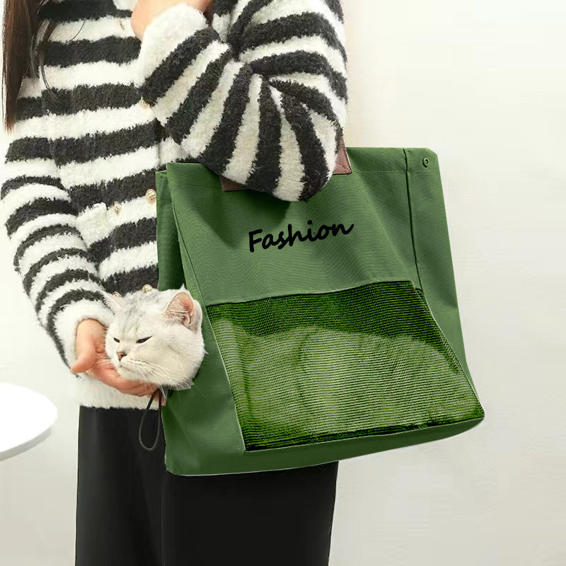 Olive green cat carrier tote with a cat resting its head out the side opening