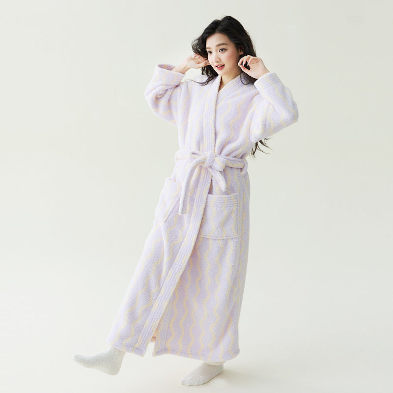 Light Purple Wavy Print with Pants set, pale lilac fleece robe with a wrap collar, belt and pockets