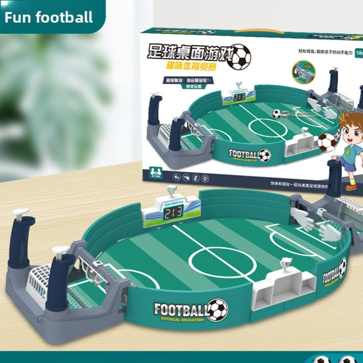 Green desktop football battle game with a scoreboard and two goals beside its retail box