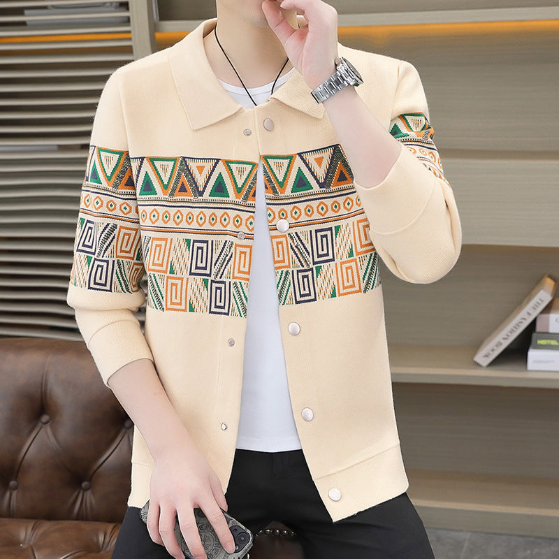 Apricot geometric pattern men's knit button cardigan with a point collar and buttons