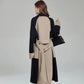Front view of the two tone overcoat showing camel lapels and double breasted buttons