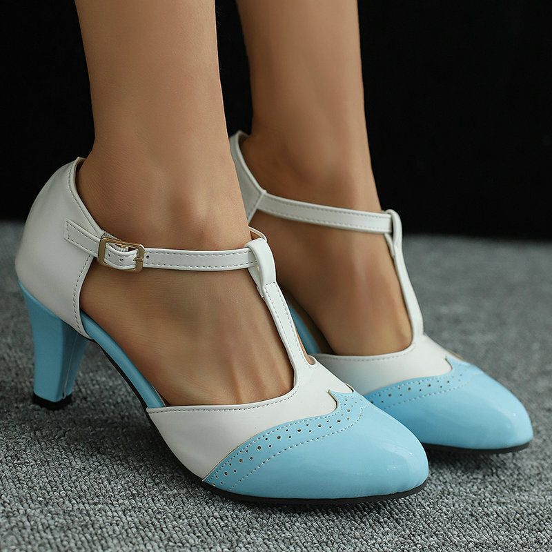 Womens T Strap Patent Leather Sandals | side profile detail close up
