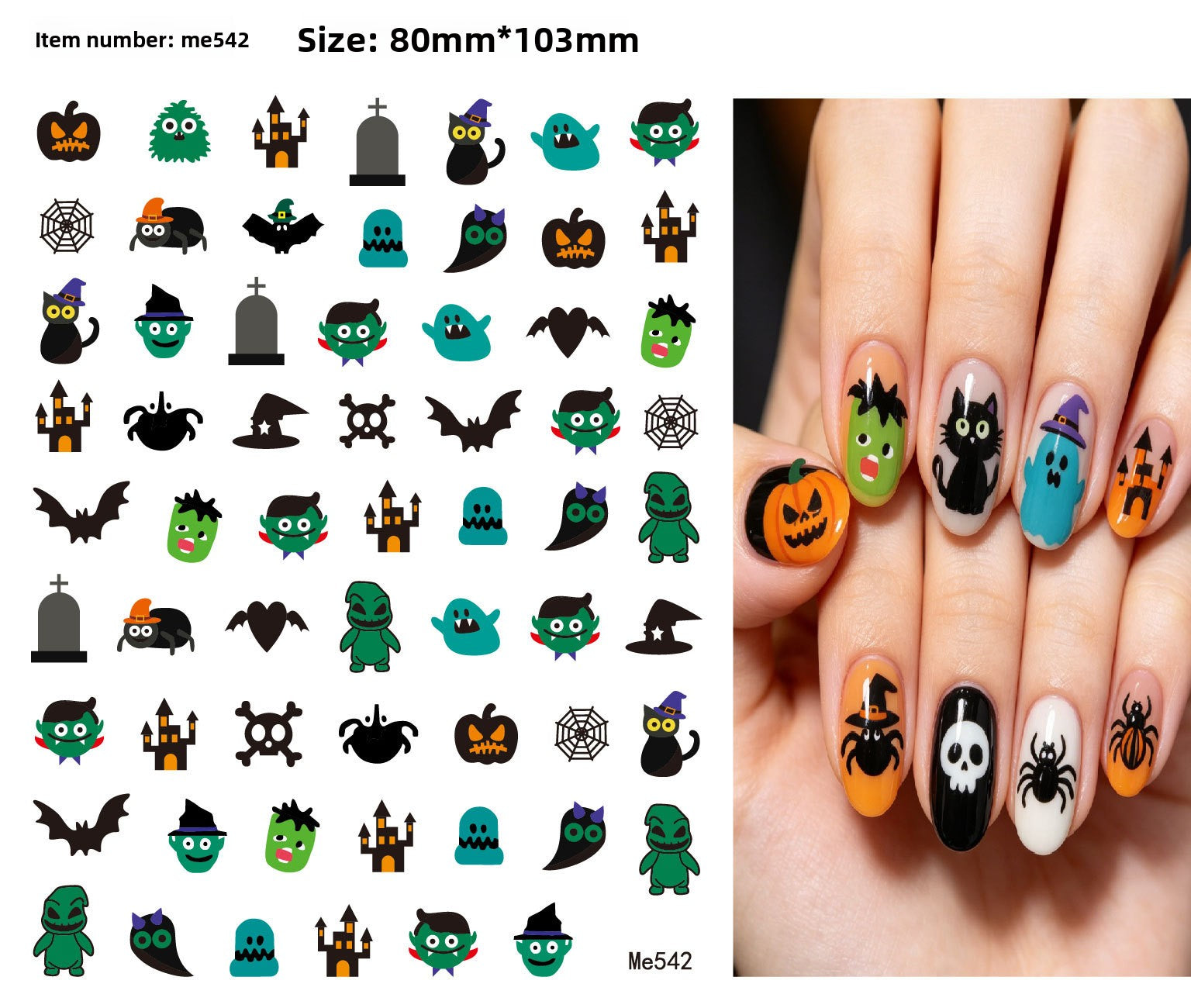 Vinyl Halloween nail stickers featuring bats, spiders and cobweb motifs
