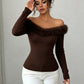 Brown slim ribbed knit off-shoulder top with fluffy neckline trim, option size XL