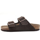 white two strap slide sandal showing the natural cork midsole