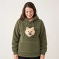 Army green teddy fleece hoodie with a small dog's head looking out of the chest opening above the front pocket