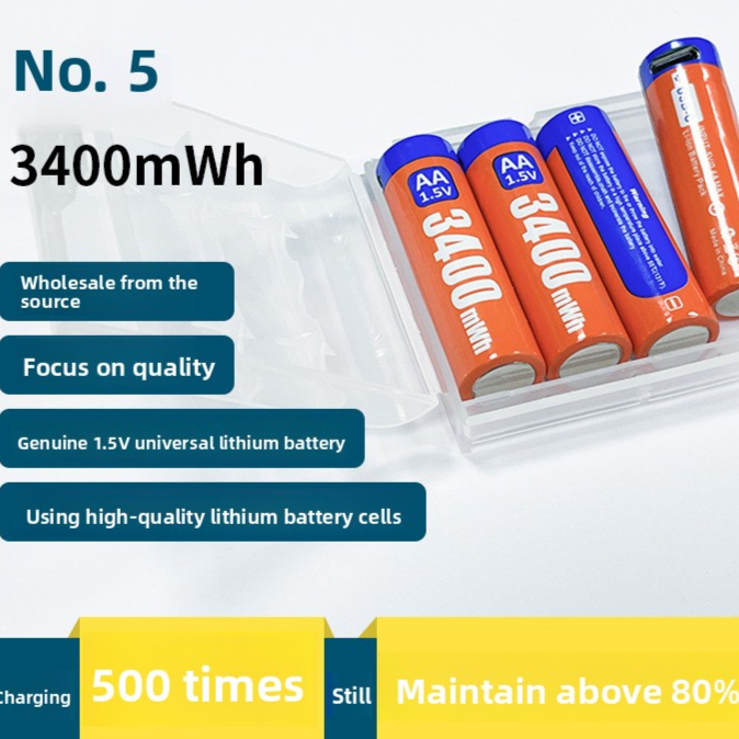 Four orange AA 1.5V 3400mWh USB-C rechargeable lithium batteries in an open clear storage case