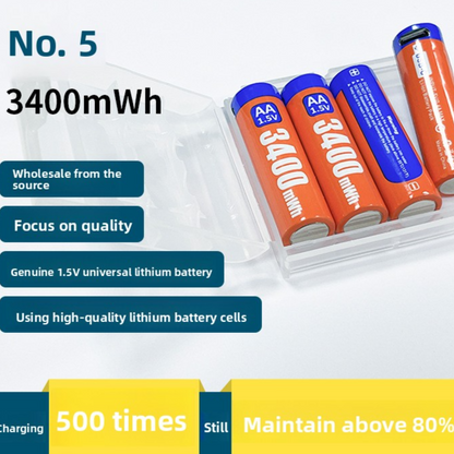 Four orange AA 1.5V 3400mWh USB-C rechargeable lithium batteries in an open clear storage case