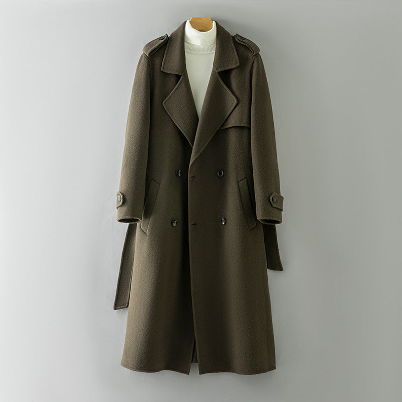 Olive green double faced wool coat detail of the hand stitched edge