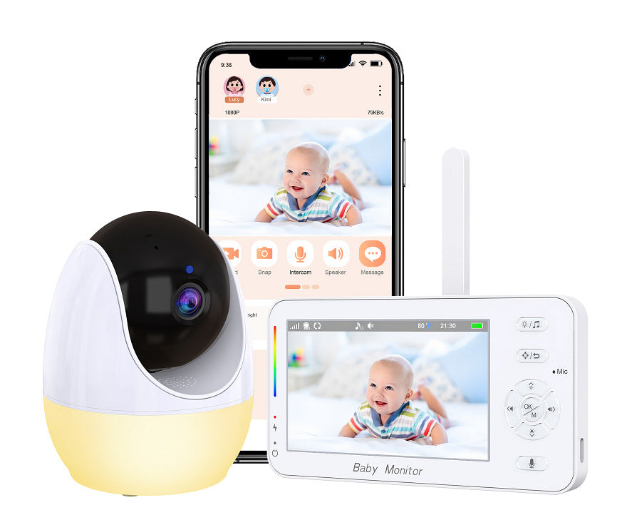 Baby monitor with a round camera on a warm light base, a phone app screen and a parent unit showing a baby