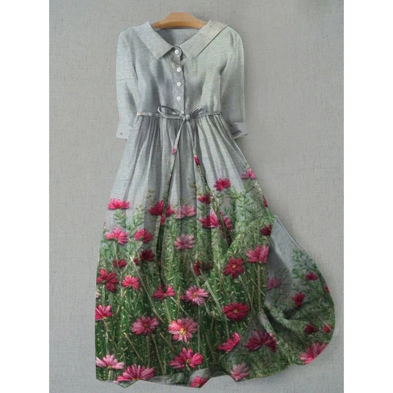 Loose polyester floral midi dress with a rounded doll collar and half button placket
