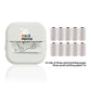 White mini thermal printer with thermal paper rolls arranged beside it on white