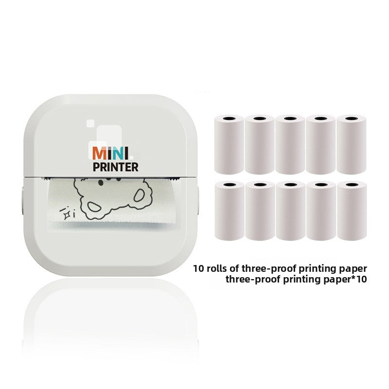 White mini thermal printer with thermal paper rolls arranged beside it on white