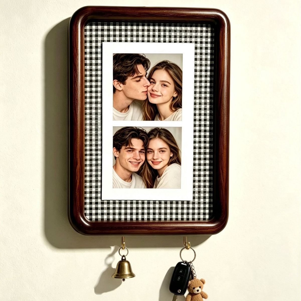 Option 6inch Hook Style 9: dark wood wall photo frame with black and white gingham backing and two key hooks