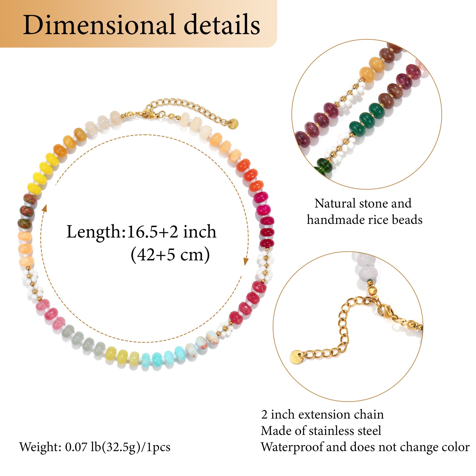 Rainbow bright colorway of the natural stone and pearl beaded necklace with stainless steel extender