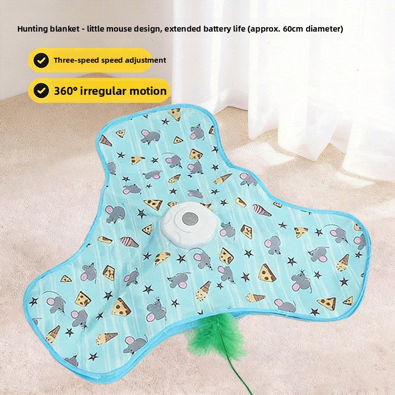 Blue mouse and cheese print three lobed cat teaser mat on carpet with the white motor puck fitted