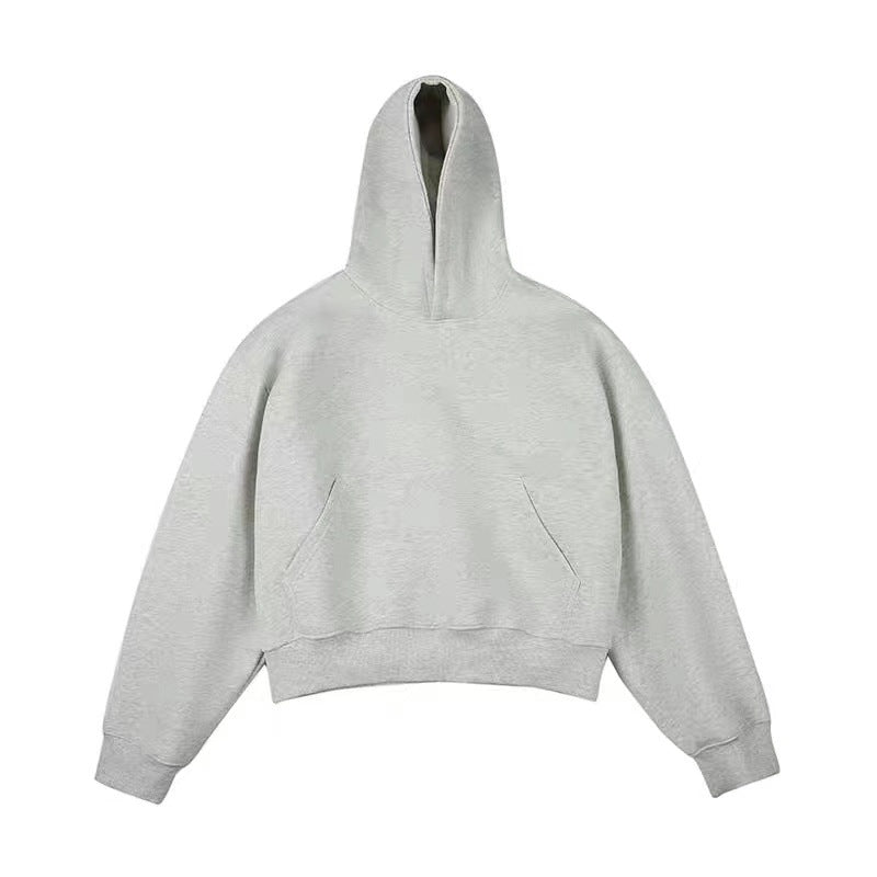 Light heather gray pullover hoodie with front pouch pocket flat on white, option Light Heather Gray Fleece Style, size XXL