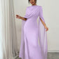 Lilac chiffon cape sleeve long gown with cinched waist and floor length skirt, on model