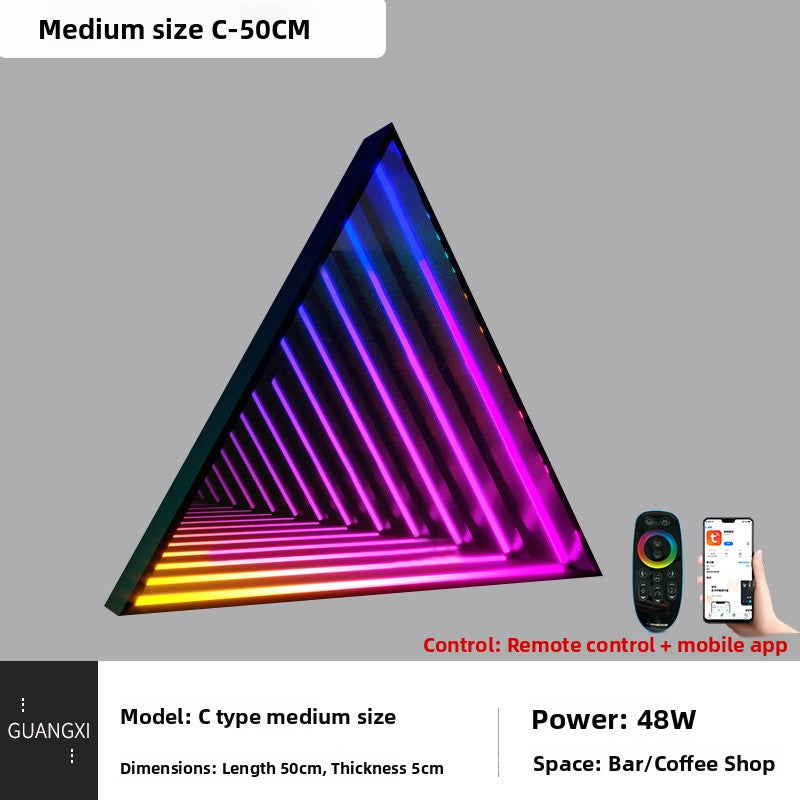 Large 70 cm infinity mirror lamp glowing with a deep rainbow tunnel effect