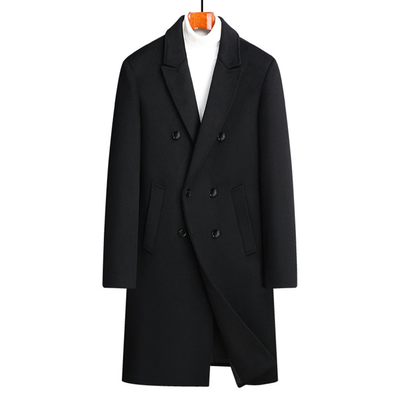 Black mid-length double breasted wool blend coat on a hanger, option photo for XXXXL | US 48 / EU 58