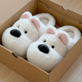 Women's Puppy Face Plush Slippers with Plush Lining and EVA Sole