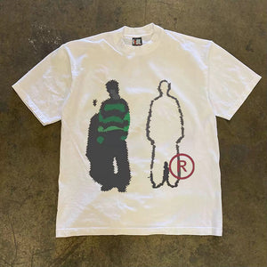 White heavyweight cotton tee with a pixel figure graphic and a red circled R on the front