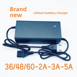Black lithium battery charger brick with mains plug and output connector for e scooters