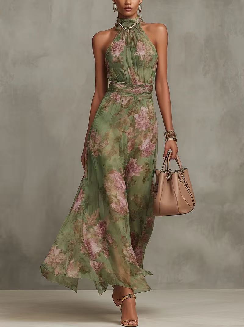 Close up of the green dress fabric texture and the stitched waist seam detail