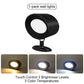 Single black wall light on its base above three glow examples in warm and cool white