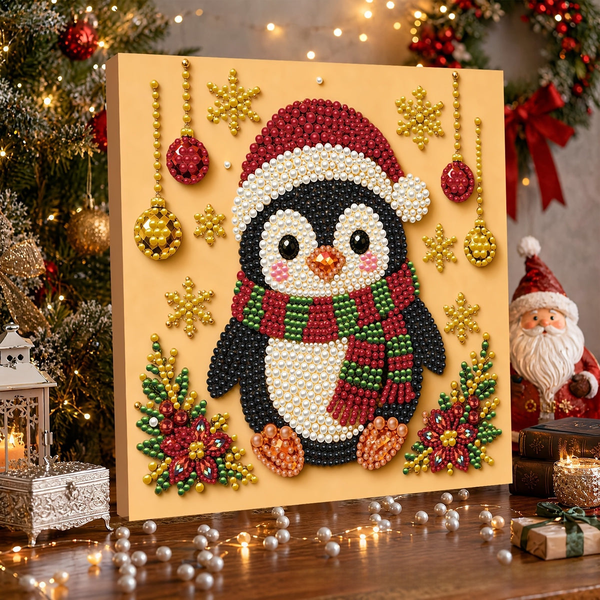 Penguin in a Santa hat diamond painting with a striped scarf, Embroidery Hoop Penguin option