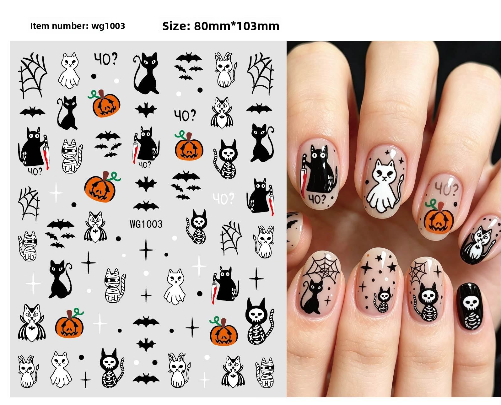 Halloween nail decals shown as a finished manicure with skulls and pumpkins