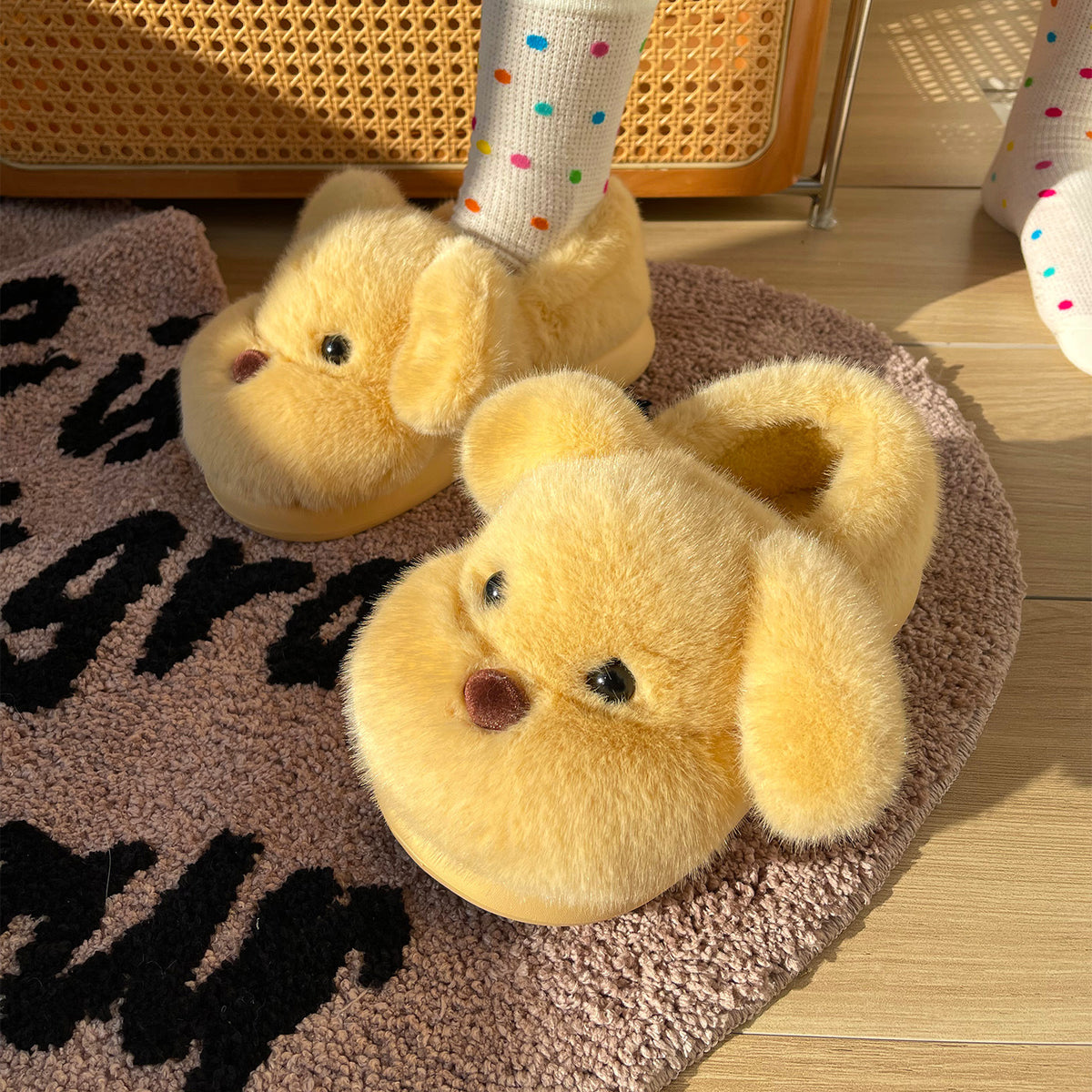 Plush puppy face home slippers in soft faux fur with an open back and thick EVA sole on a home floor