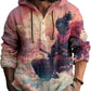 Hooded henley shirt, pink shirt with a masked warrior in clouds, size 5XL