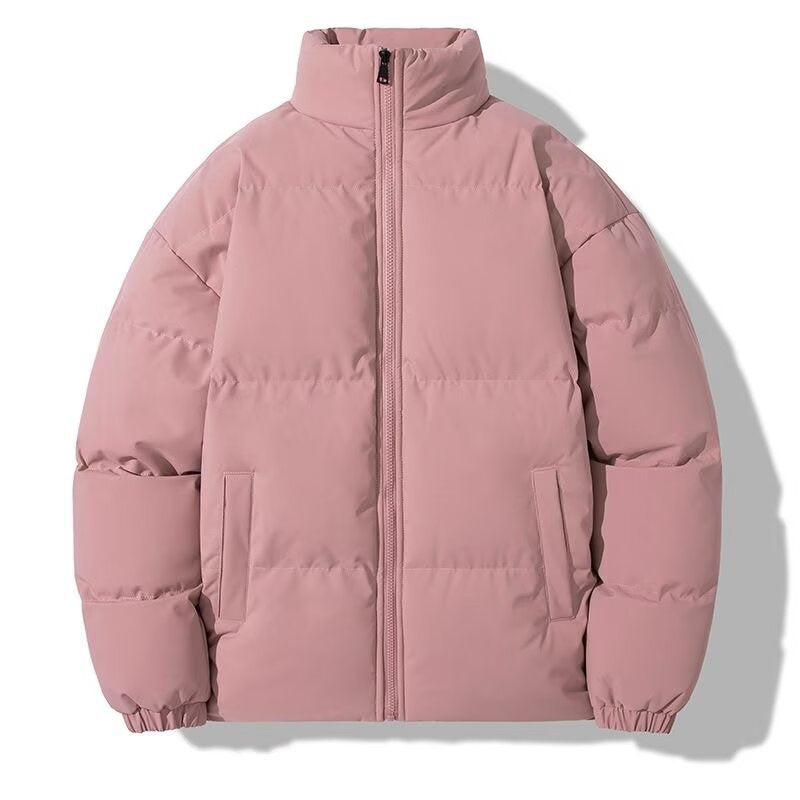 Close view of the tall padded stand collar on the men's puffer jacket