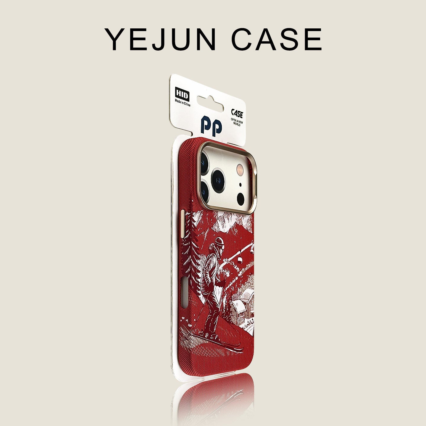 Magnetic hard shell iPhone case with an embossed skier art back and raised camera bezel