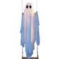 White cloth ghost decoration sitting on a rope swing with a wooden seat on a white background