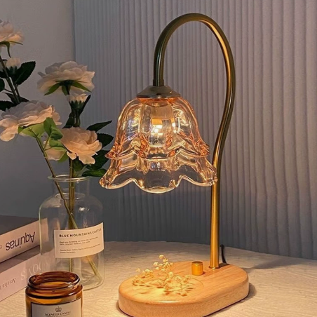 Candle warmer lamp, amber tulip shade, natural wood base, knob dimmer, plain version, US plug