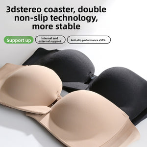 Beige strapless molded cup push-up bra with front clasp closure, front view on plain background
