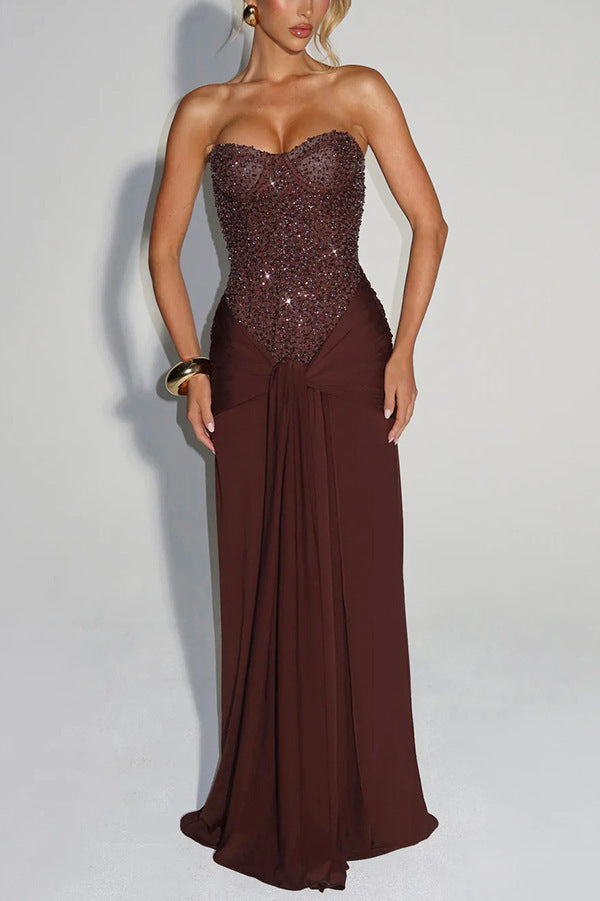 Strapless long dress with sequin bodice and draped skirt in dark brown, size S option