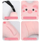 Child leaning on a purple rabbit car nap pillow while sleeping in a car seat