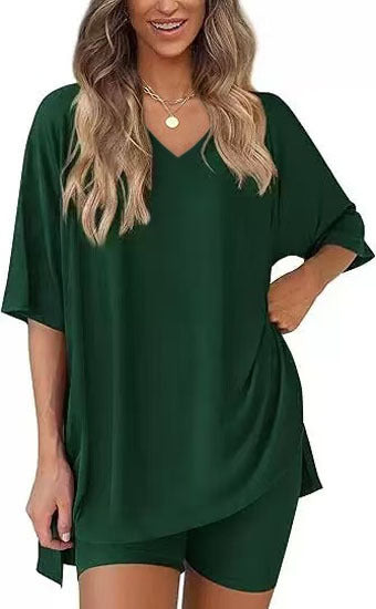 Emerald Green milk silk V neck loungewear set, oversized top and matching shorts, size XL