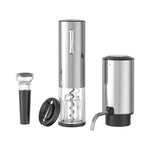 The four piece electric wine set laid out, a vacuum stopper, motorized opener, foil cutter and pourer