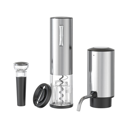 The four piece electric wine set laid out, a vacuum stopper, motorized opener, foil cutter and pourer