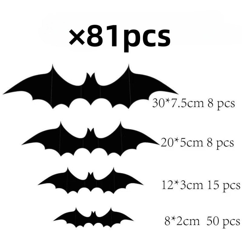 Black 3D bat wall stickers drifting across a door in a Halloween display